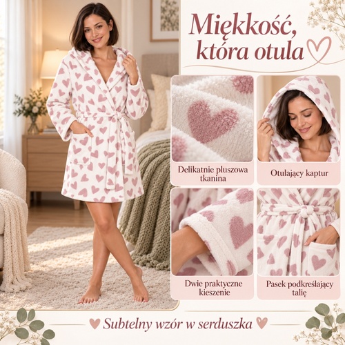 Infografika szlafroka ecru w serca: miękki materiał, kaptur, kieszenie i pasek