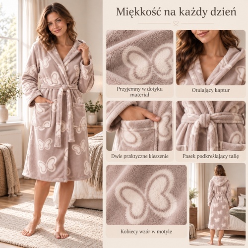 Infografika beżowego szlafroka w motyle: miękki materiał, kaptur, kieszenie i pasek