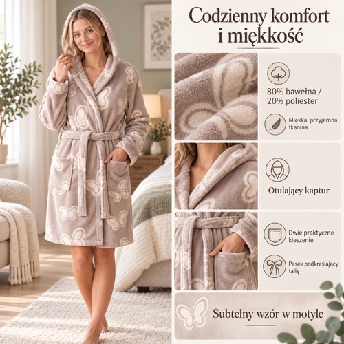 Infografika krótkiego szlafroka w motyle: skład 80% bawełny i 20% poliestru, kaptur, kieszenie i pasek