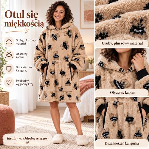Infografika beżowej kocobluzy w misie: gruby pluszowy materiał, obszerny kaptur i duża kieszeń kangurka