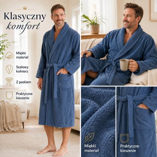 Niebieski szlafrok męski z bawełnianego frotte — infografika pokazująca kołnierz szalowy, pasek, kieszenie i strukturę materiału