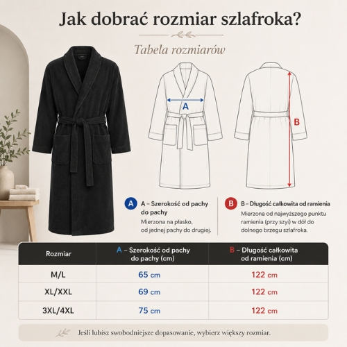 Tabela wymiarów szlafroka: M/L 65×122 cm, XL/2XL 69×122 cm, 3XL/4XL 75×122 cm; ilustracyjny schemat pomiaru na czarnym szlafroku