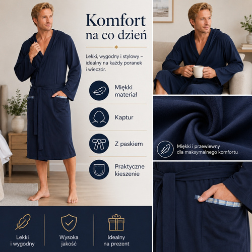 Granatowy szlafrok męski z kapturem – ujęcia modelu, pasek i kieszenie