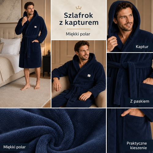 Granatowy szlafrok męski polarowy – kaptur, pasek, kieszenie i zbliżenie materiału